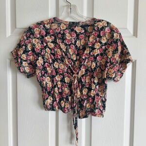 Star of India Women Black Floral Rayon Tie Front Crop Top Blouse Small India